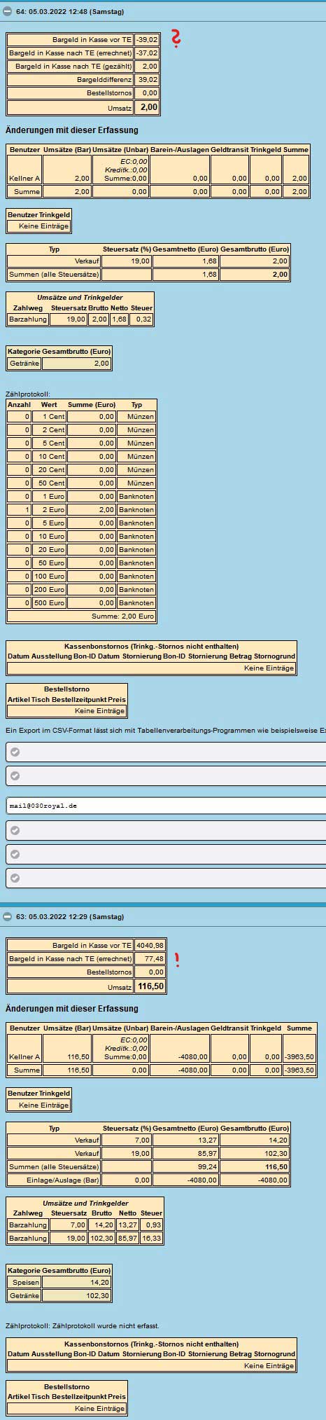 Bildschirmfoto der betreffenden Tagesabschlüsse
